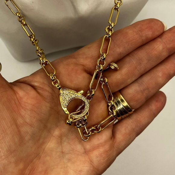 NEW 18k Real Gold Plated Paper Clip 25 inch Chain Large Cubic Zirconia Clasp - Picture 14 of 14